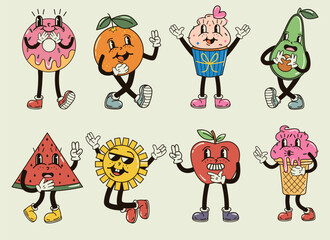 A cute set with groovy characters expressing funny emotions vector illustration