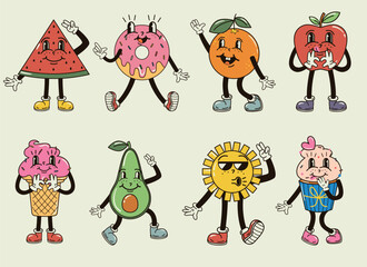 A cute set with groovy characters expressing funny emotions vector illustration