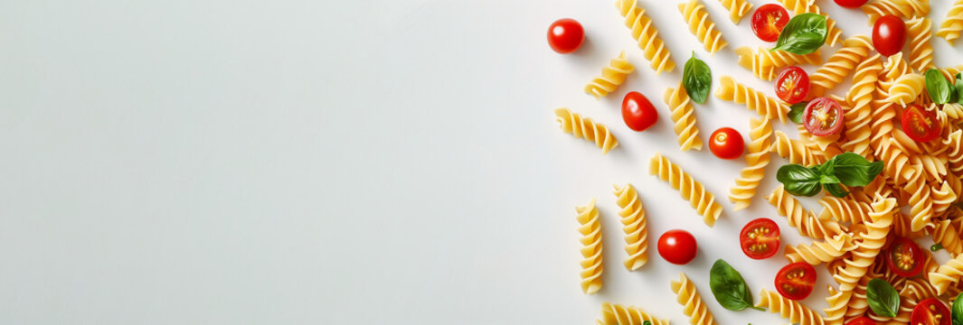 Italian fusilli pasta accompanied by cherry tomatoes and fresh basil. Copy space. Banner. The concept of healthy eating, nutritionology.