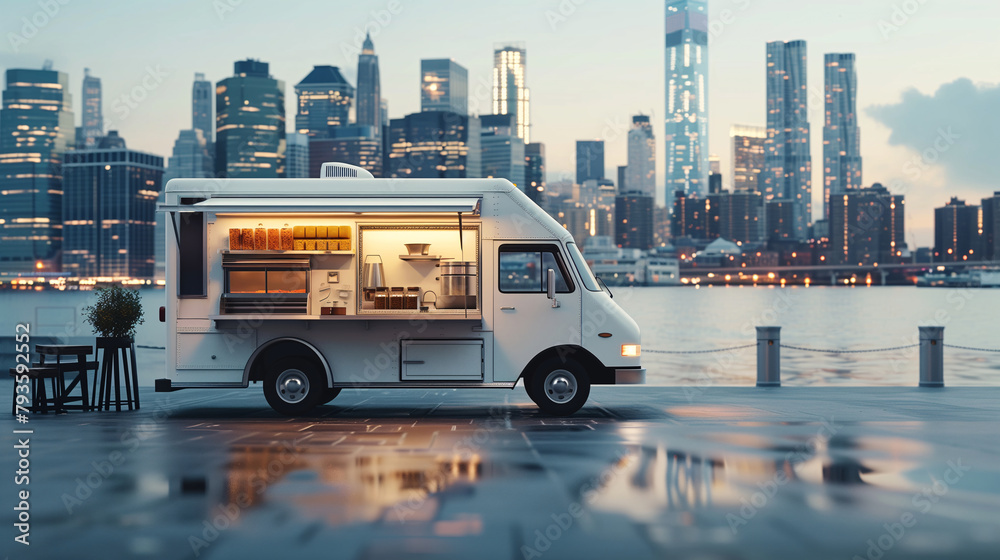 Wall mural a white food truck with an open window and lighting decorations is parked in front of a river and a 