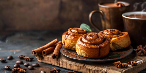 Fresh aromatic cinnamon buns as dessert for coffee Freshly baked cinnamon roll with spices and cocoa filling on a black background Cinnabon buns Swedish breakfast - obrazy, fototapety, plakaty