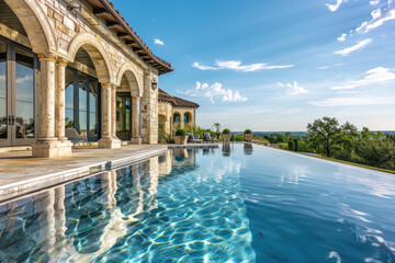 A large, modern home with an expansive pool and patio area in the Texas countryside. The house has multiple levels of windows overlooking the beautiful blue sky and green grass. - obrazy, fototapety, plakaty