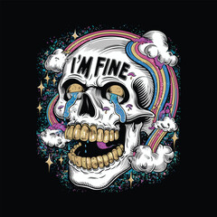 A striking and surreal vector design featuring a crying skull adorned with gold teeth