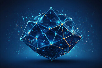 Illustration of abstract glowing low polygonal tetrahedral abstract molecule on a dark blue background.