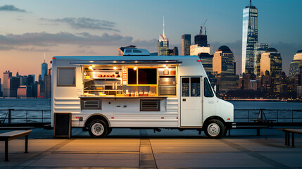 A white food truck with an open window and lighting decorations is parked in front of a river and a city at night.