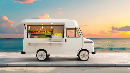 A white food truck with an open window with tropical fruit is parked at a beach with evening sky in the summer season.
