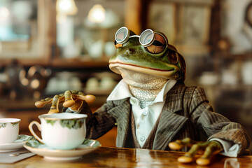 A gentleman frog at a tea party: charming portrait of a frog in a suit and glasses enjoying a cup of tea. - 793593100