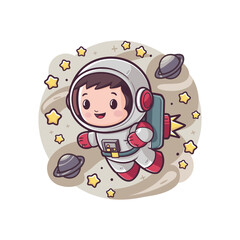 Cute Astronaut Super Hero Flying Cartoon Illustration. Flat Cartoon Style