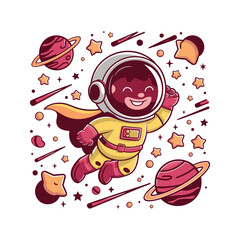 Cute Astronaut Super Hero Flying Cartoon Illustration. Flat Cartoon Style