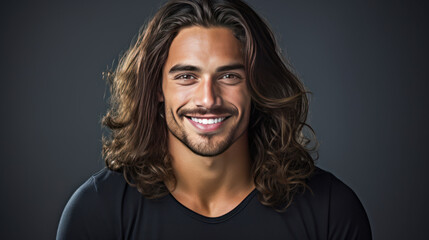 Portrait of an elegant sexy smiling Latino man with perfect skin and long hair, on a silver...