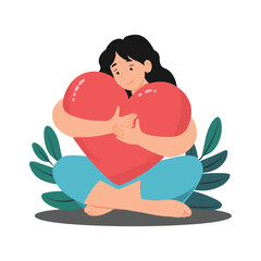 A young woman hugs a big heart with love and care. The girl holds a red heart in her hands. Self care and positive body concept flat illustration