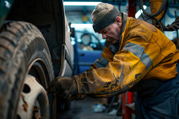An auto mechanic in the process of replacing vehicle tires