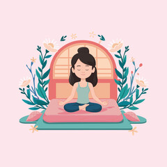 A woman meditates in a pastel background with flowers and leaves. Conceptual illustration for yoga, meditation, relaxation, rest, healthy lifestyle. Vector cartoon flat illustration