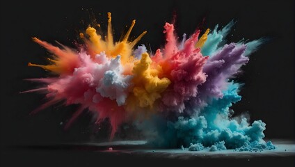 Colorful chalk pieces and powder flying, explosion effect isolated on white, clipping path Generative AI