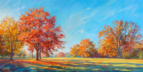 A vibrant autumn scene depicts trees with leaves in bright shades of orange, red and yellow standing tall on the grassy ground under a clear blue sky