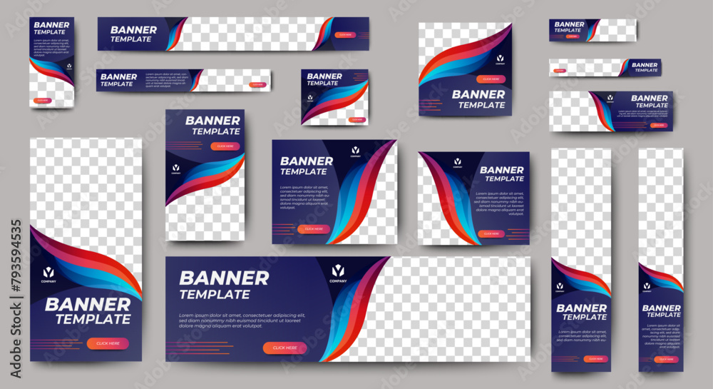 Poster set of blue background for web ad banner template with text and image spaces. vector