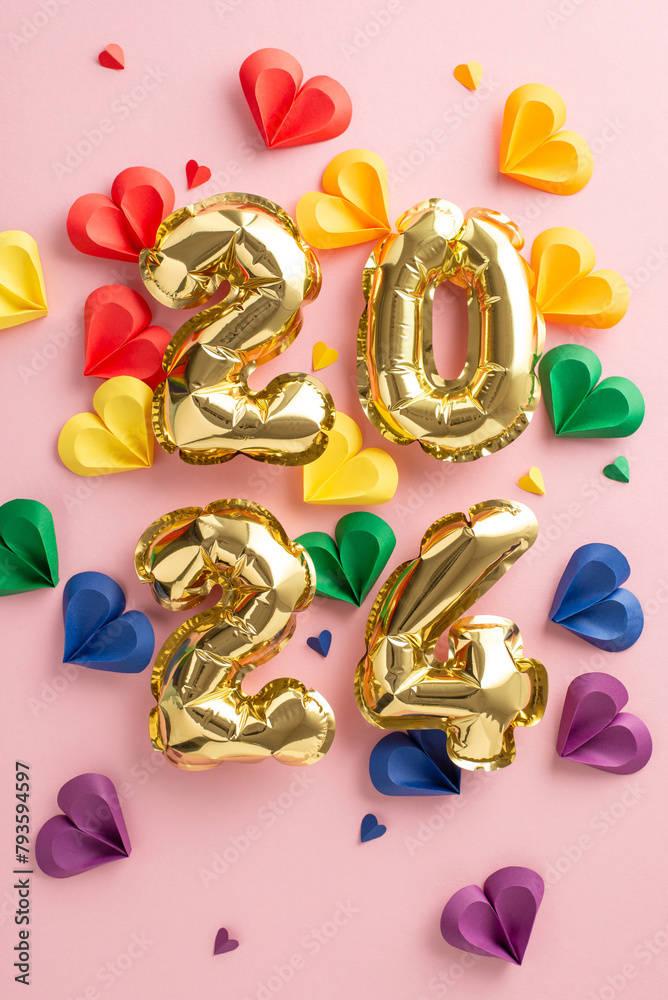 Canvas Prints celebration concept: vertical top view of shiny gold balloons forming 