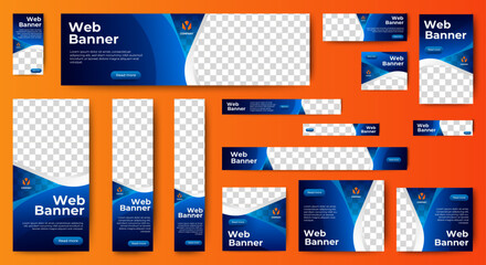 creative web ad banner template design with blue background. vector	