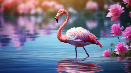 Flamingo Stand in The Water With Beautiful blur Background Nature, Wallpaper.