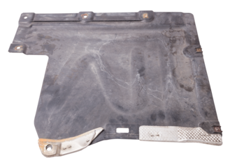 Black plastic engine cover liner on a white isolated background for sale or replacement in a car service. Mudguard on auto-parsing for repair or a device to protect the body from dirt.