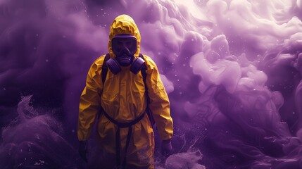 Fototapeta premium A person in a yellow chemical resistant suit stands in the center of a purple toxic smoke.