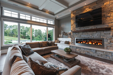 Warm and inviting luxury living room with a stone accent wall, a built-in electric fireplace, and plush, oversized seating for maximum comfort.