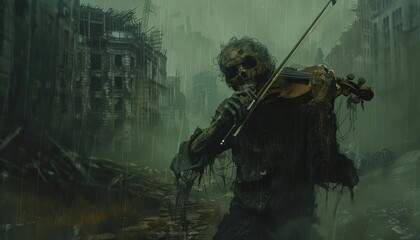 A lone zombie, drawn by the melancholic strains of a violin, wandered for miles through a deserted city, its decaying hand reaching out for the unseen music - obrazy, fototapety, plakaty