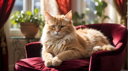 A contented cat lounging on top of a luxurious velvet armchair, basking in warm sunlight filtering through sheer curtains within conservatory.-- ar(aspact raio) : (width):(height)--vertical resolution