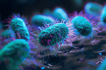 An image capturing the glowing fluorescence of microbes under a UV light in a dark microbiology lab, highlighting their unique structures and patterns.