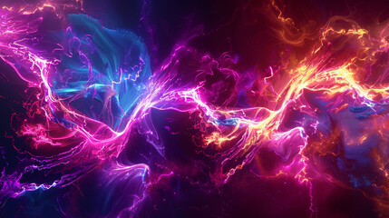 A vibrant, energy-filled abstract wave pattern, featuring bright neon colors that pulse and flow like electricity through a dark void. - obrazy, fototapety, plakaty