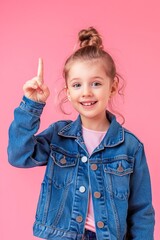 Smiling Young Girl in Denim Jacket Pointing Upwards Against a Pink Background