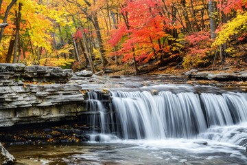 Autumn Splendor at a Forest Waterfall During Peak Foliage Season