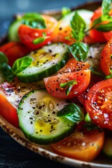 Fresh Tomato and Cucumber Salad Served on a Sunny Day