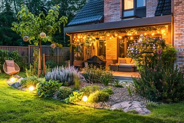 Serene Summer Evening in a Beautiful Backyard Garden With Warm Lights