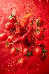 Fresh Tomatoes and Chili Pepper Splashing in Spicy Tomato Juice Against a Vibrant Red Background