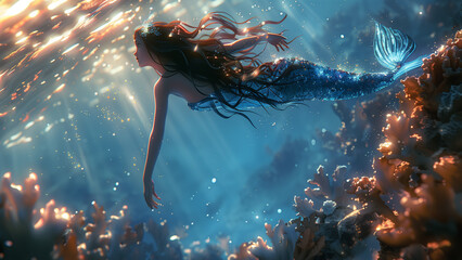 Ocean-Friendly Mermaid-  Illustrate a mermaid swimming in crystal-clear waters, her tail adorned with biodegradable glitters. The glitters should resemble scales, reflecting the sunlight underwater