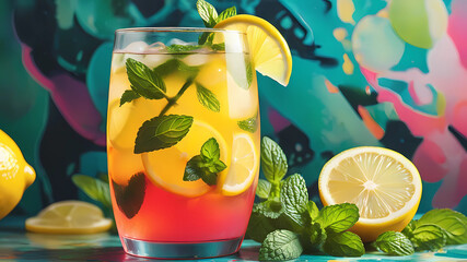 a photo of a colorful lemon mocktail can with mint leaves with an abstract background,