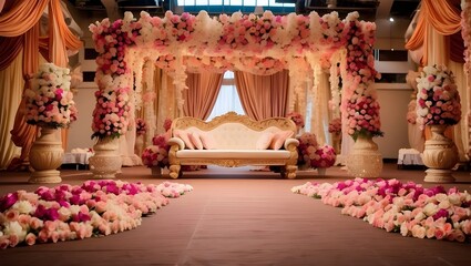 Beautiful flowers cover the stage decorations for an Indian wedding. Duplicate the image of space Location for text or design additions