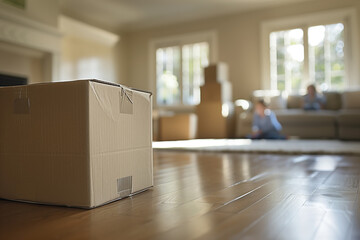A cardboard box is seen resting on the floor in a living room, possibly indicating a recent move or ongoing relocation process in the premises rental