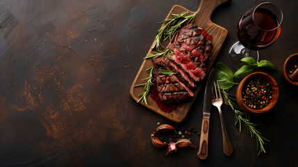A succulent piece of steak resting on a cutting board next to a glass of wine. Copy space.