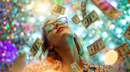 A young woman experiencing euphoria as cash bills float around her in a festive atmosphere. - obrazy, fototapety, plakaty