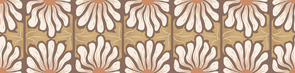 Seamless horizontal vector pattern with hand drawn abstract flowers isolated on brown background. Floral modern design for card, textile, print, fabric, wallpaper