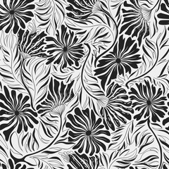 Seamless vector floral pattern with abstract black and white hand drawn flowers and leaves isolated on white background. Illustration template for fashion prints, fabric, wallpaper, card