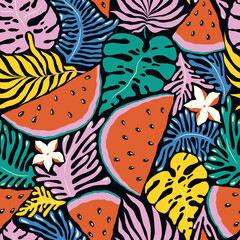 Seamless vector pattern with colorful abstract tropical plants, exotic flowers, watermelons isolated on black background. Illustration template for fashion prints, fabric, wallpaper, card