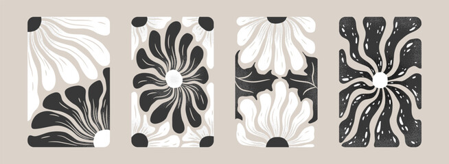 Vector art illustrations collection of vintage prints with abstract black and white flowers isolated on grey background. Monochrome floral design templates for poster print, invitation, card