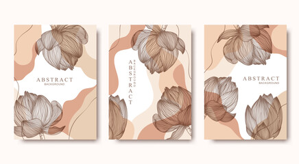 Vector card templates collection with hand drawn lotus flowers and abstract shapes isolated on white background. Trendy illustrations in pastel colors for social media, print, card, banner