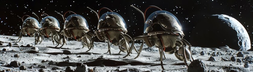 A team of curious dung beetles, their bodies encased in specially designed spheres filled with lunar soil, were sent to the moon to investigate the possibility of creating a miniature selfsustaining e - obrazy, fototapety, plakaty