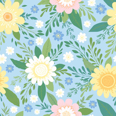 Vector seamless pattern with hand drawn abstract flowers, leaves and branches isolated on blue background. Illustration template for fashion prints, fabric, wallpaper, card, invitation