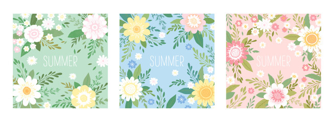 Vector summer illustrations set with colorful hand drawn flowers isolated on white background. Floral design templates for poster, card print, invitation, banner, social media post