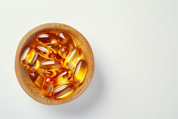 pills in a bowl on a table with white background,